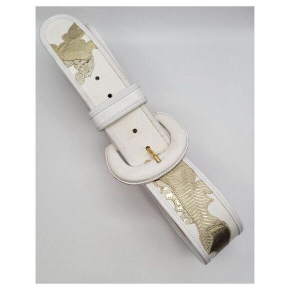 Vintage 1980's Carlos Falchi White and Gold Statement Wide Leather  Belt - Picture 5 of 6